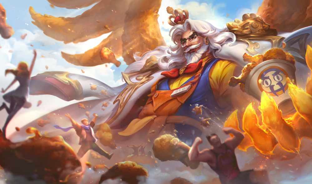 League of Legends Patch 26.7 key art featuring the Fried Chicken King Swain April Fools skin, released March 31, 2026
