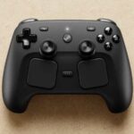 Valve Steam Controller 2026 with dual touchpads, TMR thumbsticks and magnetic charging puck on a dark background