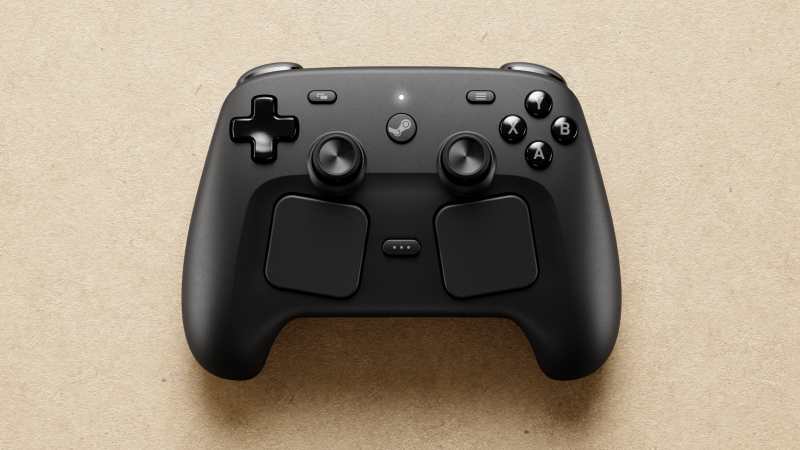 Valve Steam Controller 2026 with dual touchpads, TMR thumbsticks and magnetic charging puck on a dark background