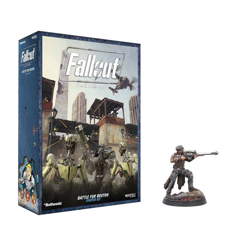 Fallout Factions Battle for Boston starter set box showing Brotherhood of Steel and Institute miniatures with Boston ruins backdrop