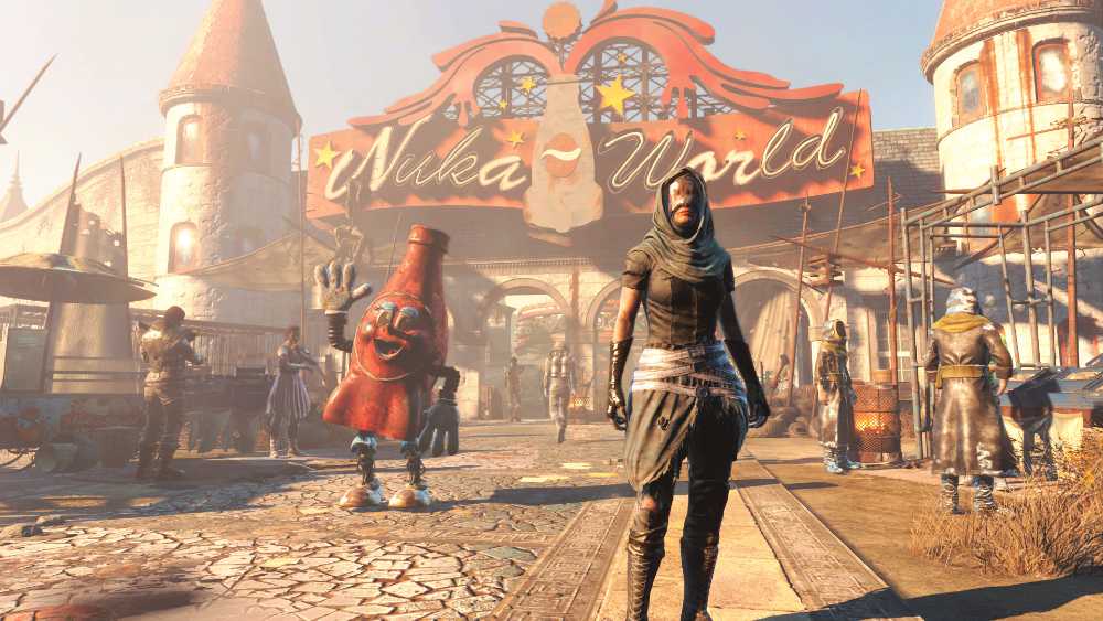 Fallout 4 Nuka-World DLC in-game environment showing the amusement park wasteland setting where Nuka Girl's Rocketsuit and Thirst Zapper weapon are obtainable by players
