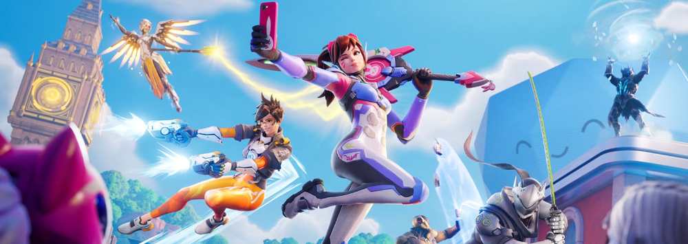 Fortnite x Overwatch collaboration key art featuring Tracer Mercy Genji and D.Va arriving on the Fortnite Battle Royale island