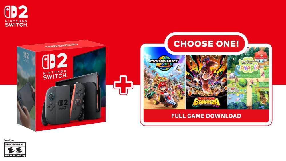 Nintendo Switch 2 Choose Your Game Bundle promotional image showing Mario Kart World, Donkey Kong Bananza and Pokemon Pokopia options at $499.99