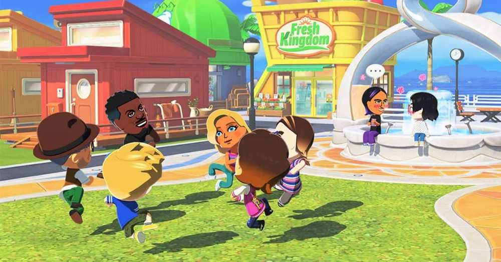Tomodachi Life Living the Dream promotional key art showing colourful Mii characters in various animated scenes on a tropical island setting