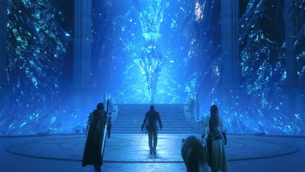 Final Fantasy XVI gameplay screenshot showing combat in a dark fantasy environment with fire-based Eikon abilities