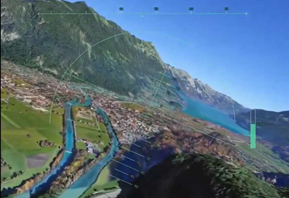 Screenshot of Google Earth flight simulator running in a web browser, showing a first-person cockpit view with navigation overlay and satellite terrain below