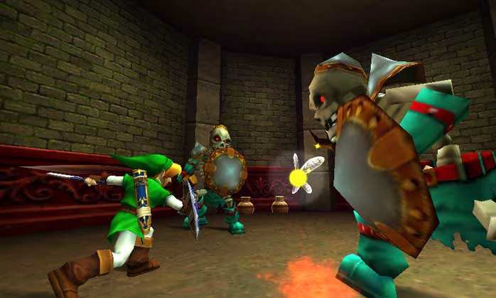 Screenshot from The Legend of Zelda: Ocarina of Time 3D showing Link and Princess Zelda in the castle courtyard, used as reference for the official 2026 remake announcement.