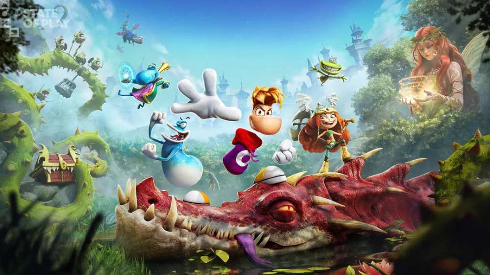 Rayman Legends Retold key art showing Rayman and Globox standing in a vibrant fantasy world with a glowing magical atmosphere