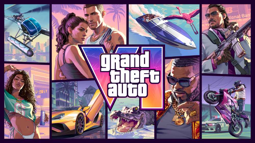 The official Grand Theft Auto VI cover art featuring protagonists Jason and Lucia standing back-to-back in front of a neon-lit, dusk Vice City skyline with palm trees and a helicopter.