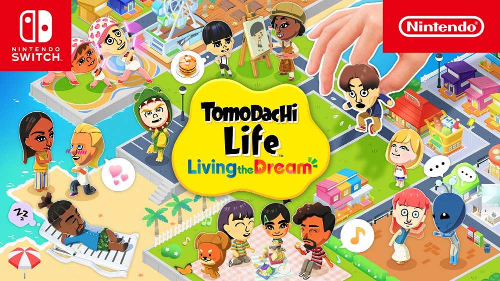 Official key art for Tomodachi Life Living the Dream showing Mii characters on their island doing activities like painting, having a picnic, and riding a Ferris wheel, with the Nintendo Switch and Nintendo logos in the corners