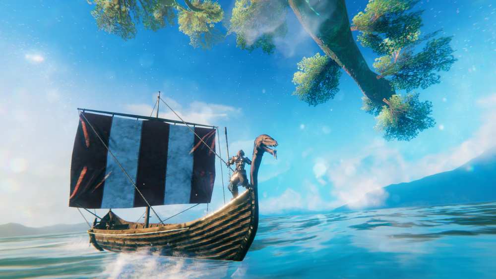 Valheim gameplay screenshot showing a Viking character crafting or building near a longhouse structure, from the Nintendo Switch 2 version of the game