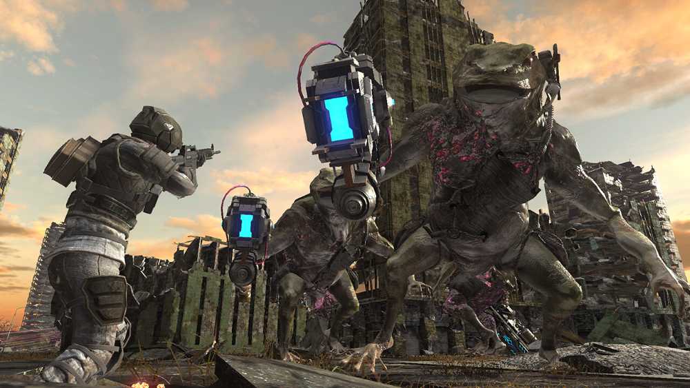 Earth Defense Force 6 Steam promotional screenshot, EDF soldiers fighting giant alien creatures in city ruins, showing third-person shooter combat gameplay