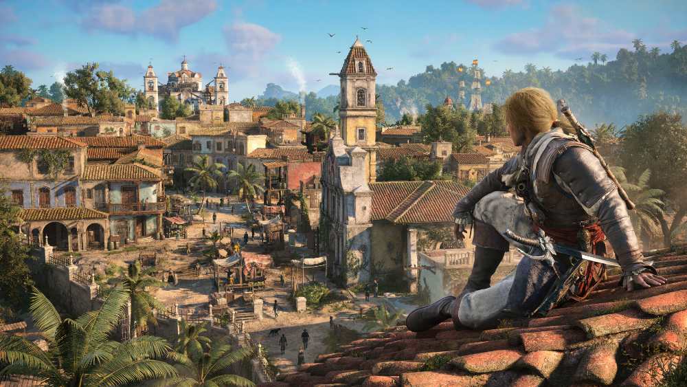 Assassin's Creed Black Flag Resynced gameplay screenshot showing Edward Kenway on the Jackdaw in the Caribbean with a naval battle unfolding in the background