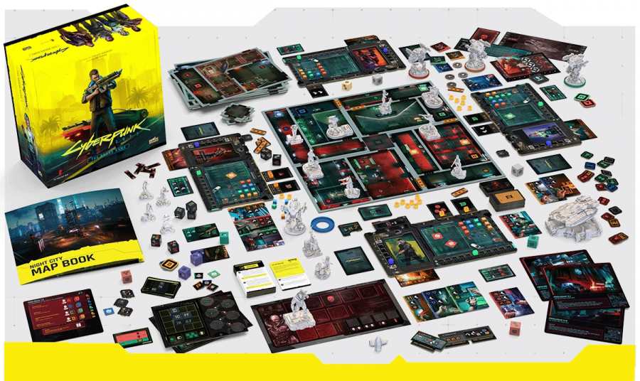 Cyberpunk 2077 The Board Game promotional artwork featuring key characters including V, Judy, Panam, Jackie, and Johnny Silverhand with tabletop game components