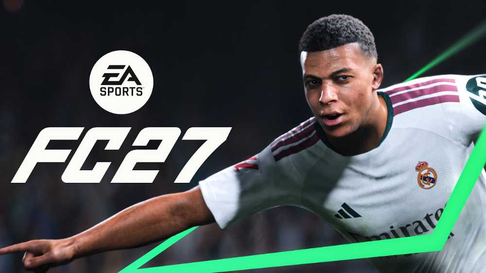 Kylian Mbappé and Jude Bellingham, both in Real Madrid kits and holding game controllers, pose on the EA Sports FC 27 Ultimate Plus Edition cover art against a dark background with the game's logo.