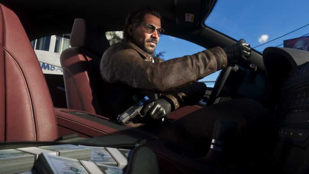 Raul Bautista GTA 6 character artwork from Rockstar Games showing a confident bank robber in Vice City-style attire
