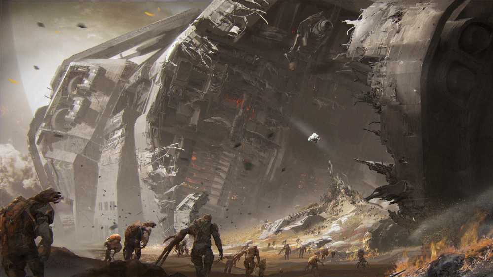 Concept art of The Maw level from Halo Campaign Evolved showing the Pillar of Autumn wreckage