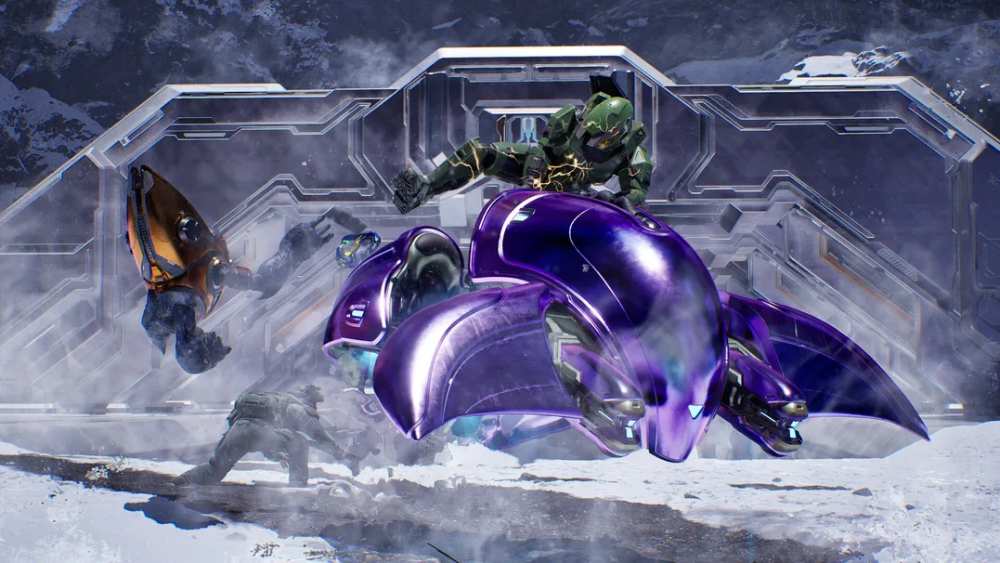 Screenshot from Halo: Campaign Evolved on PlayStation 5, showcasing the game's Unreal Engine 5 visuals with Master Chief in combat on the Halo ring.