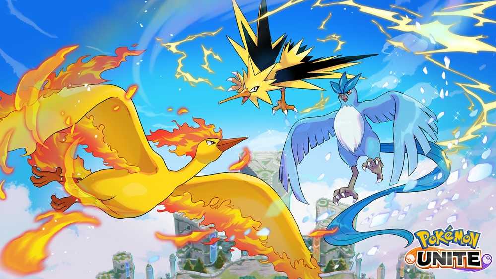 A promotional image for Pokémon UNITE featuring legendary bird Pokémon Zapdos, Articuno, and Moltres, as seen during the Pokémon Day 2026 Pokémon Presents presentation.