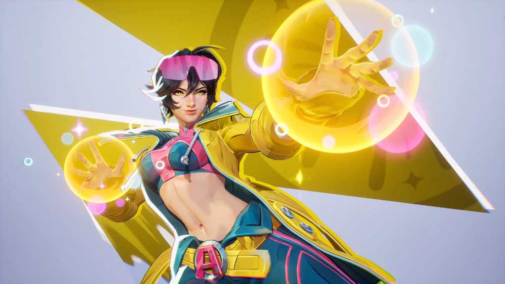 Jubilee from Marvel Rivals firing colorful explosive fireworks at enemies in a desert arena