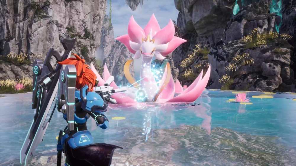 Palworld gameplay screenshot featuring a character and a Pal creature in a forest environment.