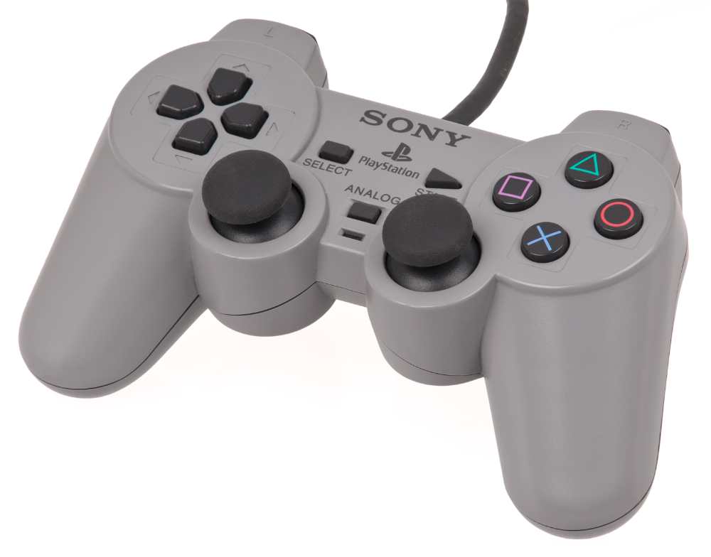 Sony PlayStation DualShock controller against a white background showing the standard button layout and analog sticks