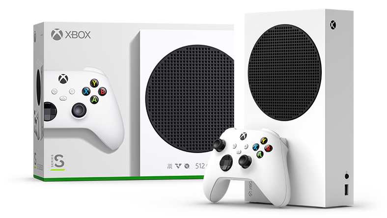 Xbox Series S 512GB white console standing vertically against a clean background, with the wireless controller placed in front.